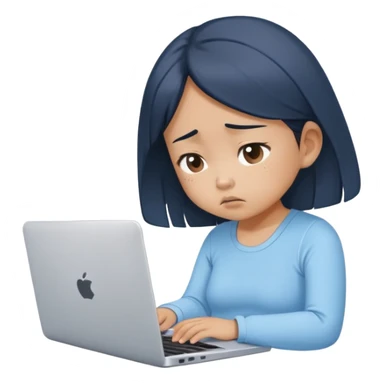Create an emoji of a tired girl of Asian descent in a baby blue top, sitting at a laptop, looking exhausted and frustrated. They have slouched posture, representing overwork and burnout. sticker