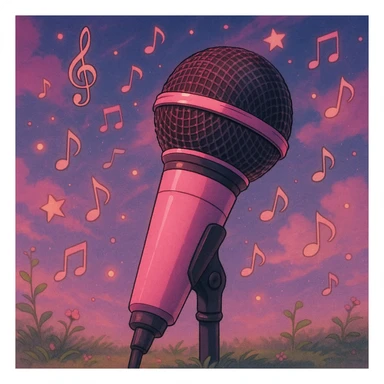 microphone with black and pink accents, dreamy lighting, whimsical and musical, Ghibli style, BLACKPINK inspired sticker