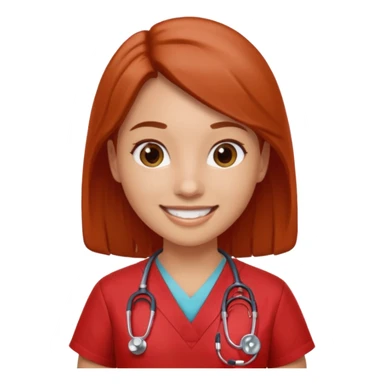 Medical assistant wearing redish scrubs with sethscope  sticker