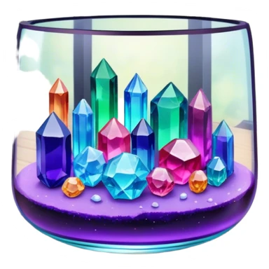 Close-up of vibrant, multicolored crystals growing in a glass container on a wooden table. Crystals in shades of purple, blue, green, pink, and clear are forming in various shapes and sizes. Soft light shines on them. Cozy indoor setting with plants and soft decor in the background. sticker