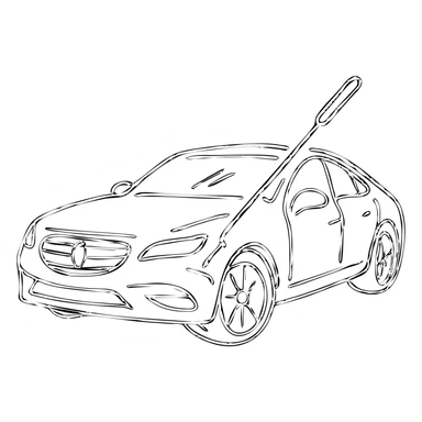 hand-drawn outlined icon of a high-end car with a rod tool touching a dent, matte black, fine silver lines, minimal sticker