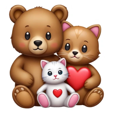 a bear and a kitty sitting together with their two cats, hearts above them, emoji style sticker