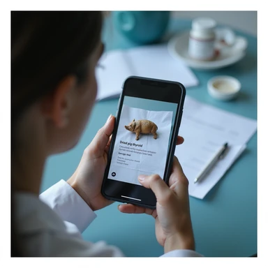 woman photographing the medical prescription with her smartphone, 'Dried pig thyroid' clearly visible on the screen, modern clinical environment, hyperrealistic 4K sticker