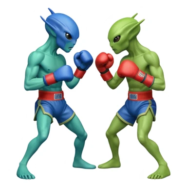 two aliens boxing in a fight stance, facing each other with raised gloves, dynamic action pose, intense expressions, sci-fi arena vibe, 3D cartoon style, mobile game icon style, clean background, no text, no watermark
 sticker