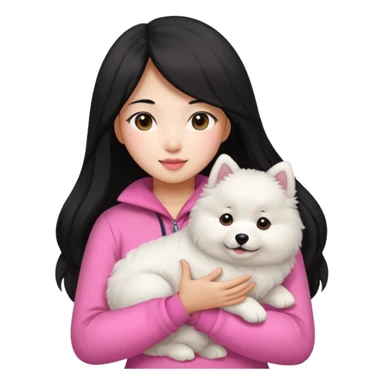 A black long hair asian pretty girl with a bright skintone and pink outfit holding a samoyed dog sticker