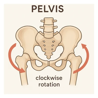 anatomical pelvis, arrows showing clockwise rotation, simple and clear, educational style, medical illustration sticker