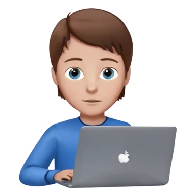 boy with brown hair and blue eyes on a laptop with a notch sticker