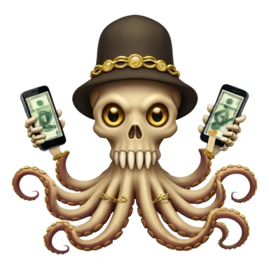 satanic octopus skeleton. Evil looking eyes, wearing a gold necklace and backwards hat. 2 tentacles are holding their own cellphones, 2 other tentacles are holding stacks of cash sticker