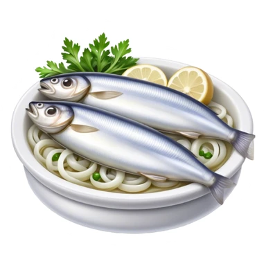 Cinematic Realistic Herring Dish Emoji, showcasing a traditional preparation of fresh herring with onions rendered with lifelike detail and cool, crisp lighting. sticker