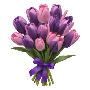 beautiful aesthetic bouquet composed of dark purple and light pink tulips tied with a silk purple ribbon sticker