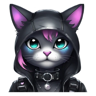 Gorgeous sparkly legendary shiny gradient gothic dark techwear anime style anthro cat with blushing face aesthetic and pretty edgy black with collar and harness trending style sticker