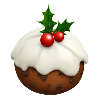Christmas pudding with white icing and a sprig of holly sticker