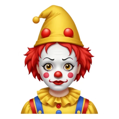 Yellow pointed hat with a red tip.

Red hair sticking out on the sides.

White face paint with black eyebrows, red nose, and red lips.

Wearing a yellow clown costume with red buttons.

Sad, concerned expression. sticker
