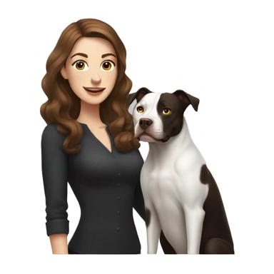 white woman with long brown hair and cat shaped eyes standing alongside a happy black pitbull  sticker