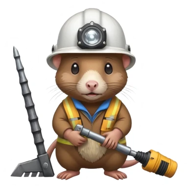 a mole rat with ore drill bit, white helmet, headlamp sticker