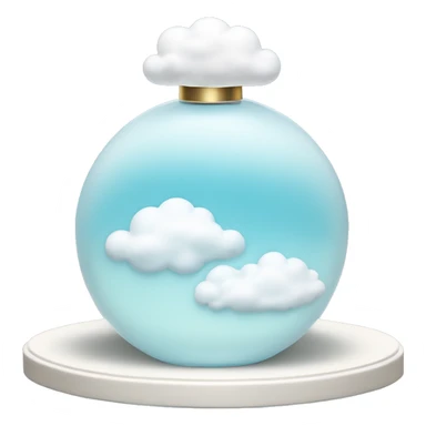 light blue round perfume bottle with large white cloud decoration at its base sticker