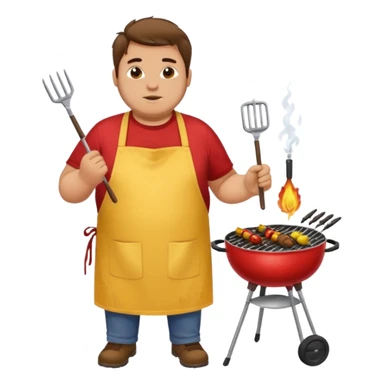 chubby man messy hair and dirty yellow shirt and a red apron grilling bbq and skewers on a sizzling grill sticker