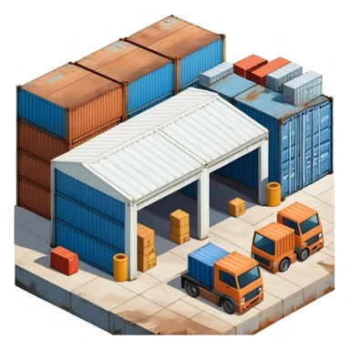 Isometric industrial warehouse with shipping containers outside and loading bay sticker