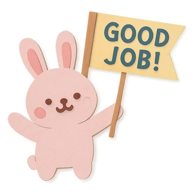 baby pink bunny waving a "Good Job!" flag, paper-craft style sticker