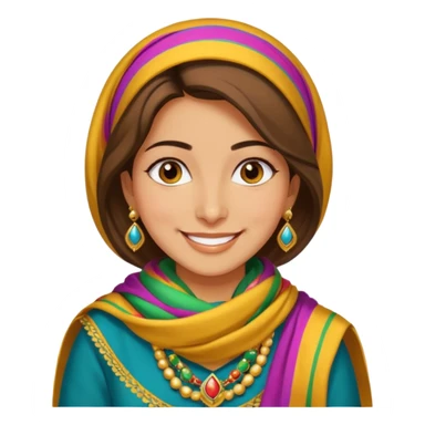 Kurdish woman in traditional dress, colorful scarf, gold jewelry, smiling, simple background sticker