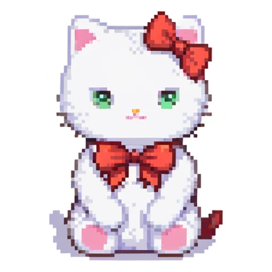 Hello Kitty white cat with red bow sitting with a teddy bear cute pose pixel art style sticker