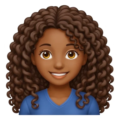 sticker style iPhone emoji of a dark-skinned girl with long curly hair, smiling, transparent background sticker