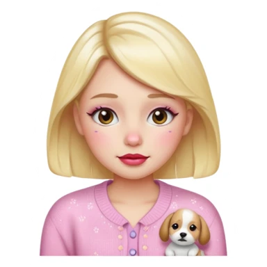“Emoji girl, dewy skin, flushed blush across cheeks and nose, glossy cherry lips, soft puppy eyeliner, slightly teary sparkling eyes, wearing pastel cardigan.” sticker