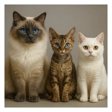 Three cats side by side: left is a large blue point Birman male with blue eyes, center is a petite brown tabby Devon Rex female with pale blue eyes, right is a small white British Shorthair female with yellow eyes. sticker