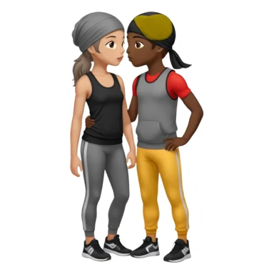 A girl with dark brown hair, light skin and blue wear black leggings and a black tank top kissing a boy with dark skin and a grey tracksuit wearing a du rag  sticker