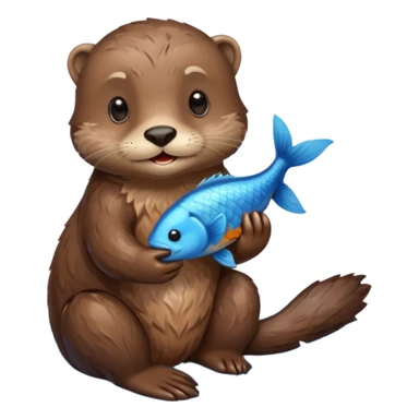 adorable otter floating on clearly visible blue water with waves, holding a fish sticker
