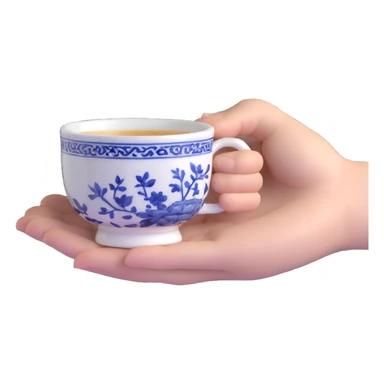 human hand holding a small traditional Chinese blue and white porcelain tea cup without handle sticker