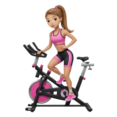 Light skin girl with long light brown hair in a pony tail, black workout set leaning on a indoor spin bike with NO HELMET, can we add a pink sports bra  sticker