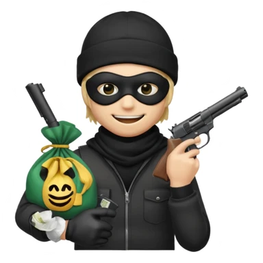 smiley robber wears black eye mask and black beanies with one money bag beside his right side sticker
