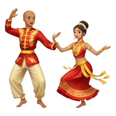Cinematic Realistic scene of two performers executing a traditional Vietnamese folk dance, adorned in intricately patterned traditional costumes, captured in fluid motion with soft, culturally rich lighting sticker