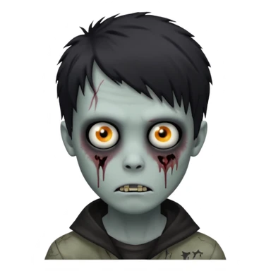 zombie boy, black shaggy emo hair, medium length, dark and creepy, unsettling face sticker