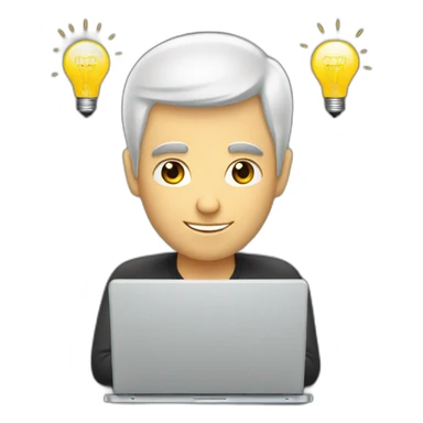 A white man with short, buzzed, black hair working on a laptop with a lightbulb above his head sticker