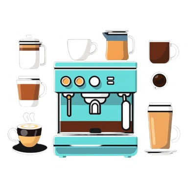 coffee shop items: espresso machine, milk frother, and coffee menu board sticker