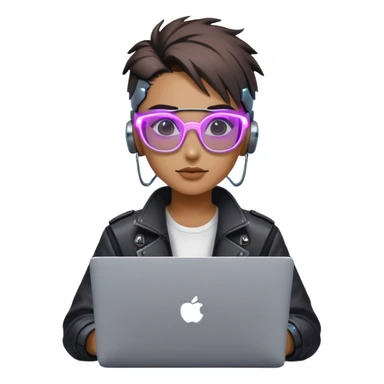 An emoji of a person with a laptop, but wearing cyberpunk glasses and with a slight neon glow sticker