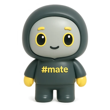 Chibi-style 3D kawaii character, plasticine or vinyl figure, matte, soft lighting. Large head, short limbs. Hoodie and body matte dark gray, face lighter gray. Hands, eyebrows, mouth, and eye outlines yellow. Eyes: yellow outline, black pupil with highlight. '#mate' on chest, # in yellow. White or off-white background, no text bubbles or borders. sticker