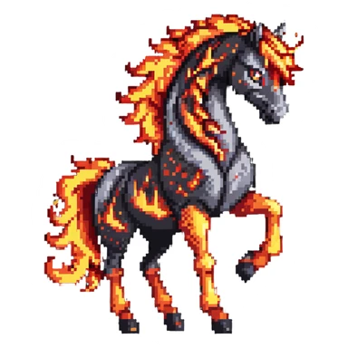 A red fire horse made of embers and magma, with visible lava flowing through its body, flames burning off its mane and tail, and ash particles surrounding it sticker