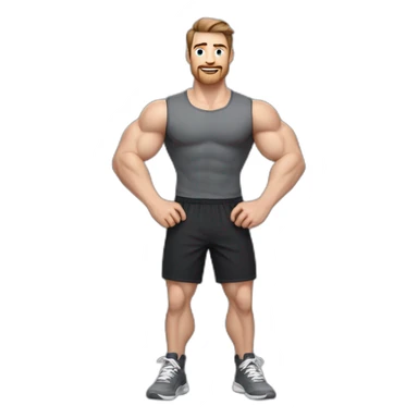 Close up Actively gesturing  with hands Pale skinned Fit Man With the biceps and brown hair in dark gray Sleeveless Mike, black oversize sports shorts, watch and white Sneakers sticker