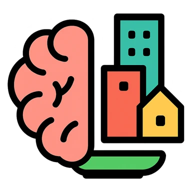 icon for local knowledge, with a brain and cityscape, modern style, colorful sticker