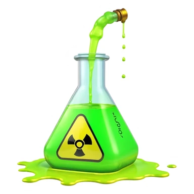 3D render of Spilled Flask, toxic waste aesthetic, neon green bubbling liquid, caution yellow metal, industrial warning texture. sticker