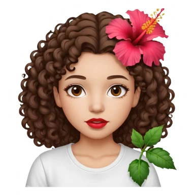 A brunette girl turned to the left side with curly hair with a hibiscus on her hair on her lips she has a brown pencil outline with gloss over it with a white t-shirt  sticker