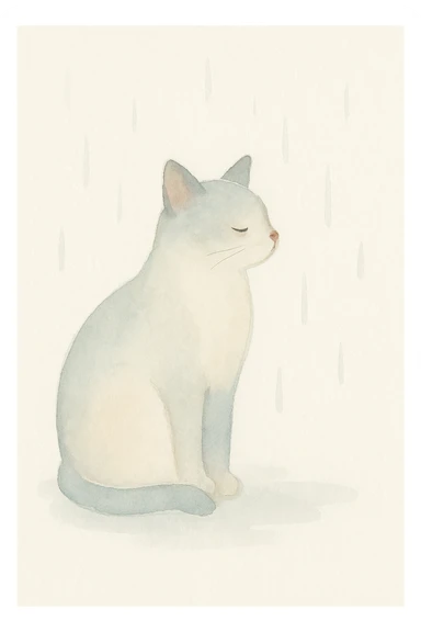 a cat sitting in the rain, watercolor style, delicate brush strokes, soft colors, wet environment sticker