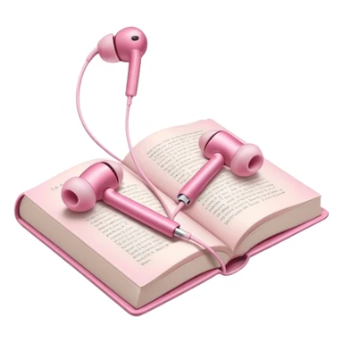  pink Pink Apple-style earbuds lying on an open book, soft pastel tones, cozy and minimal aesthetic, realistic lighting and shadows, top-down view, transparent background" sticker