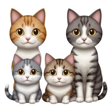 4 different coloured short haired cats including; a dark brown tabby and white cat, and a dark grey and white  sticker