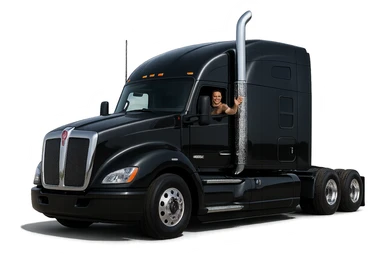 Modern black Kenworth W680 semi sleeper, chrome stack, person in the cab with arm out the window, crisp and professional, transparent background sticker
