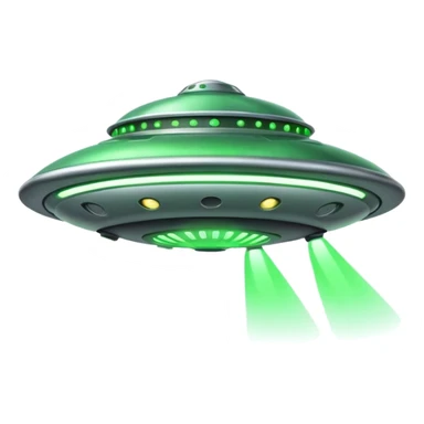 UFO flying saucer, green lights, cartoon sci-fi emoji, no background sticker