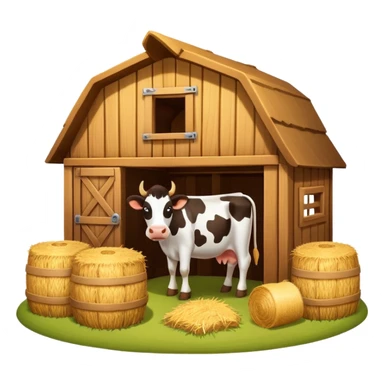 cow barn object icon, wooden stable building, hay bales near entrance, warm light, farm style, 3D cartoon, mobile game icon style, centered, clean background, no text, no watermark
 sticker